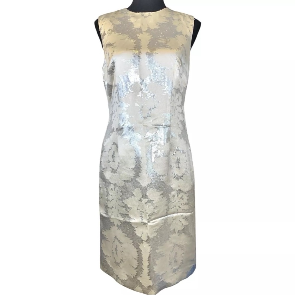 Talbots Womens‎ Sheath Dress Metallic Ivory Silk Blend Back Slit Lined size 6P